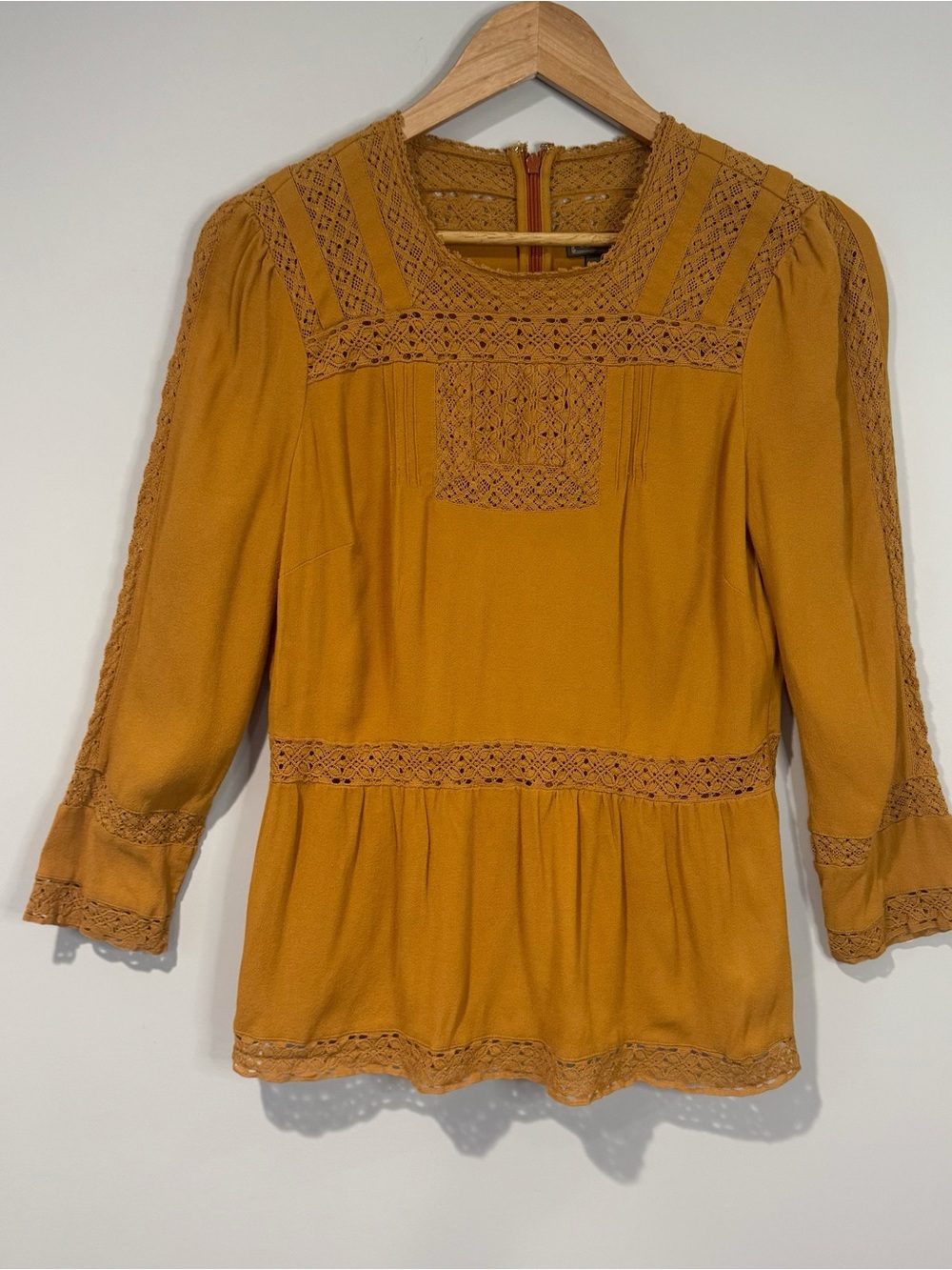 J. Crew Point Sur Lacey Top Mustard Peasant Peplum Boho Cottagecore Lace Size 8